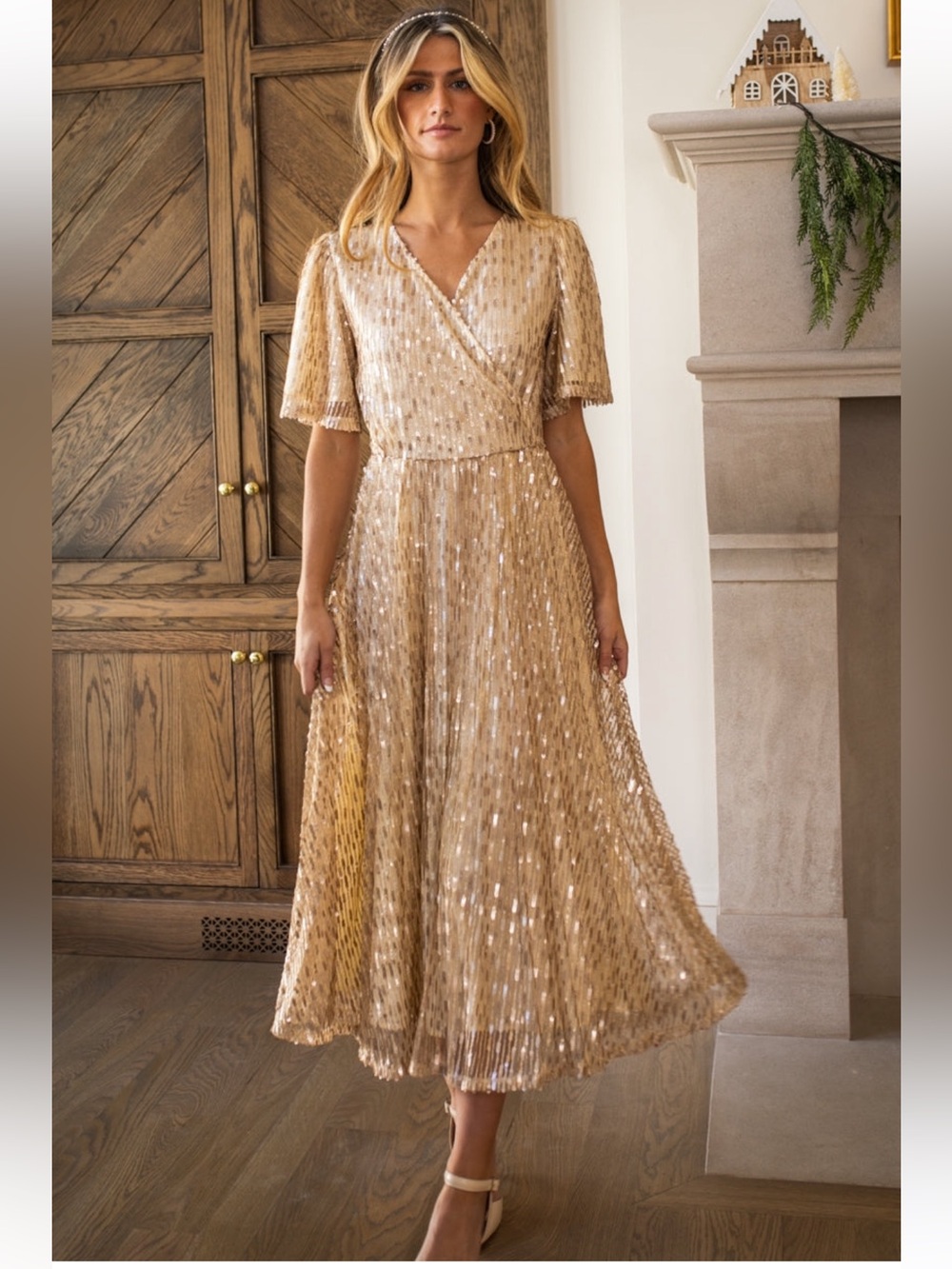 Elegant Gold Sequin Wrap Midi Dress